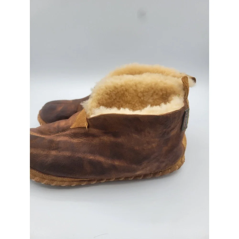 LL Bean Wicked Good Shearling Moccasin Slippers Brown Leather Mens 8 M